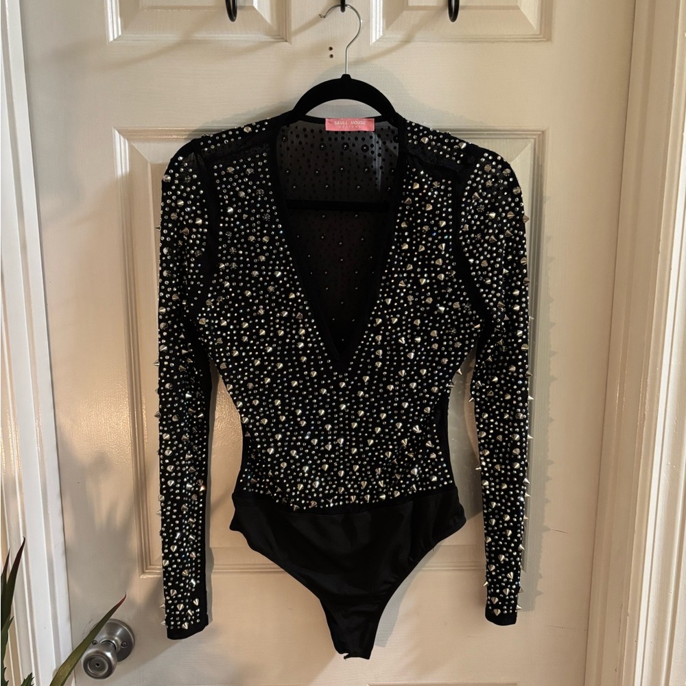 Embellished Black Deep V Long-Sleeve Bodysuit